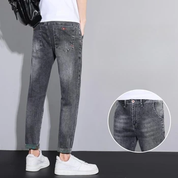 שחור כחול ג ' ינס של גברים האביב והסתיו דק Slim Fit קצוץ מכנסיים לגברים אופנתי חדש בסגנון קוריאני כל משחק מזדמנים מכנסיים