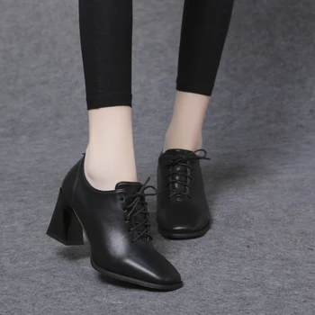 שחור מעור עבה עקבים גבוהים נשים תחרה רטרו, נעלי נשים יוממות בוהן מרובע מגפי קרסול Scarpe דונה קון טאקו