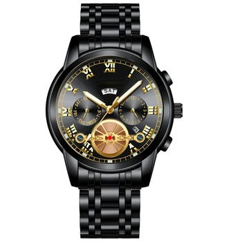 שעון חדש לגברים אופנה שחור שעון גברים של גלגל התנופה פלדה להקת Black Diamond הלא-מכני של גברים לצפות