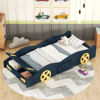 תאום גודל מכונית מירוץ בצורת פלטפורמה מיטה עם גלגלים, אחסון,לא קפיצים הנדרש,מתאים לילדים השינה