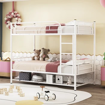 תאום על תאום Bde,פשוט עיצוב מתכת עם מיטת קומותיים עם המדף ואת מעקה,מיטת קומותיים יכולה להפריד ל-2 מיטות טווין,עבור ילדים