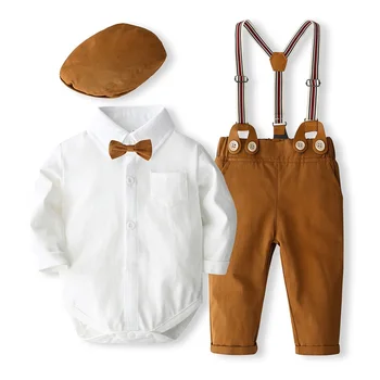 תינוק שרק נולד בנים 3Pcs ' נטלמן תלבושות שרוול ארוך שרוול עניבת הפרפר רומפר + Suspender מכנסיים + כובע להגדיר התינוק בגדים.