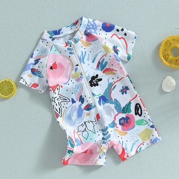 תינוק תינוק בנות 1-חתיכה בגדי שרוול הקצר Rompers הדפסה בצבעי מים לרחצה הרוכסן חליפת שחייה סרבלים