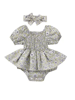 תינוקת פרחוני הדפסה רומפר שמלה עם קפלים שרוולים תואמים סרט מקסים - קיץ תלבושת עבור תינוקות