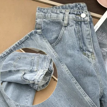 תלמידות בית ספר חדש Koreanloose רטרו רחב הרוח מנגב את המכנסיים ישר ג 'ינס בגזרה גבוהה ג' ינס
